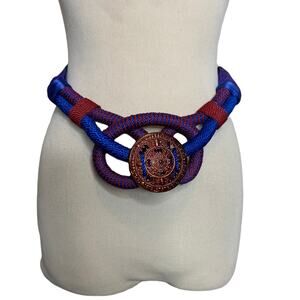 Vintage blue red with golden buckle hook and loop unique belt 34" M/L